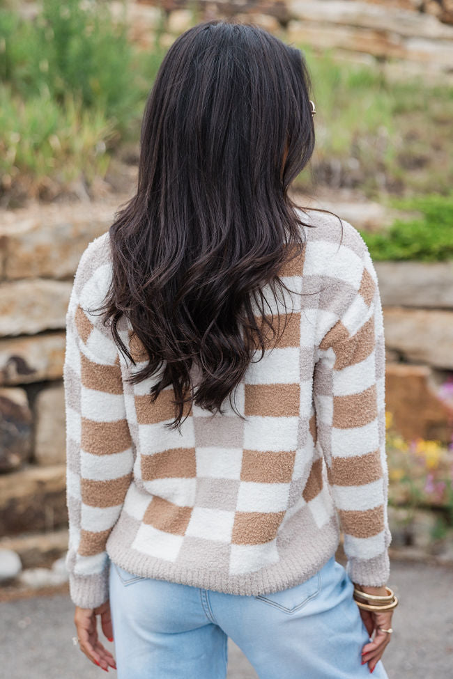 Sweet Truth Tan Fuzzy Checkered Sweater FINAL SALE