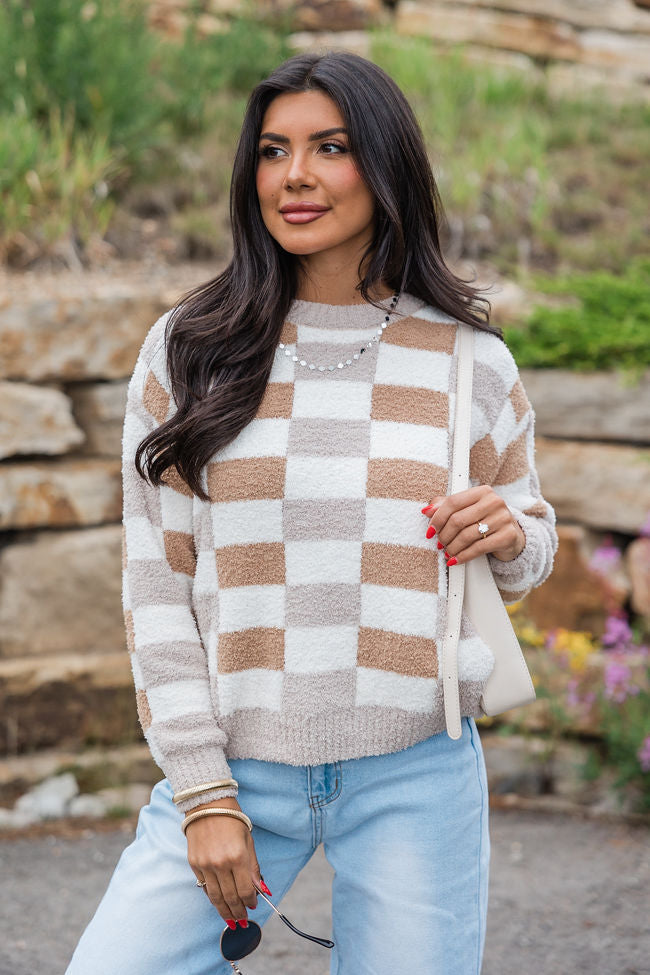 Sweet Truth Tan Fuzzy Checkered Sweater FINAL SALE