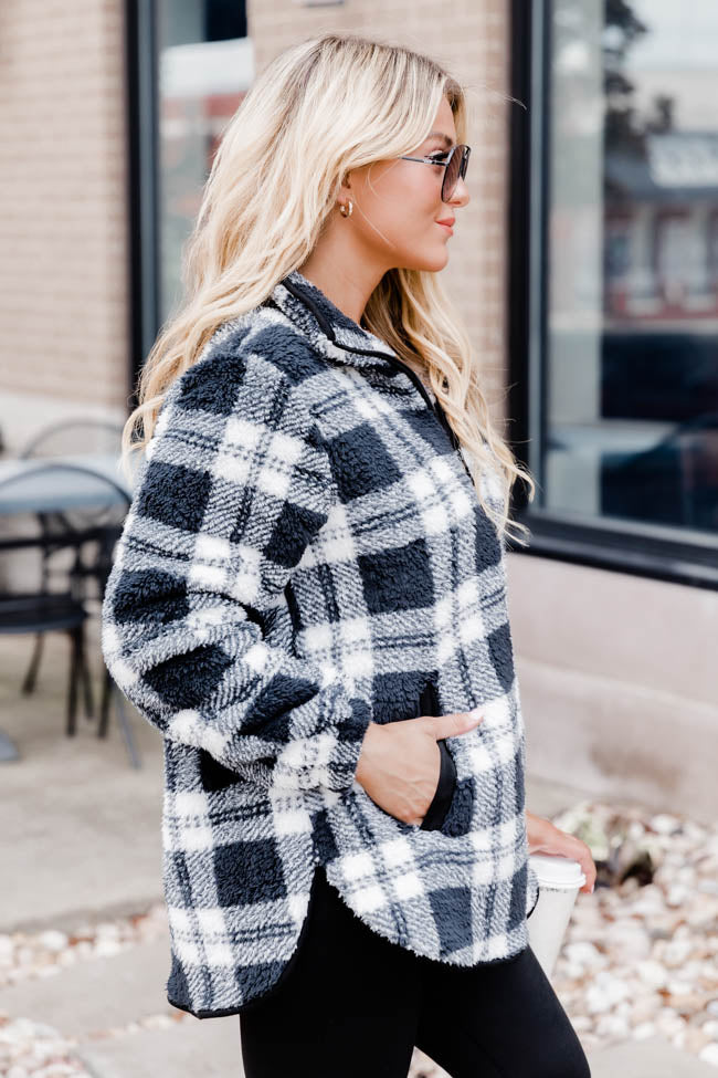 Stay A While Longer Black Plaid Sherpa Pullover