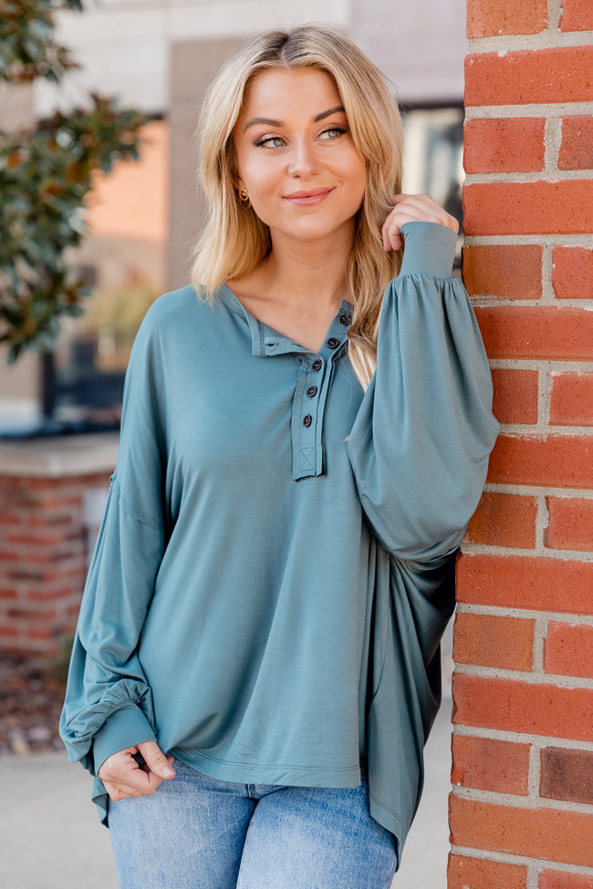 Carefree Days Teal Henley Knit Long Sleeve Top FINAL SALE