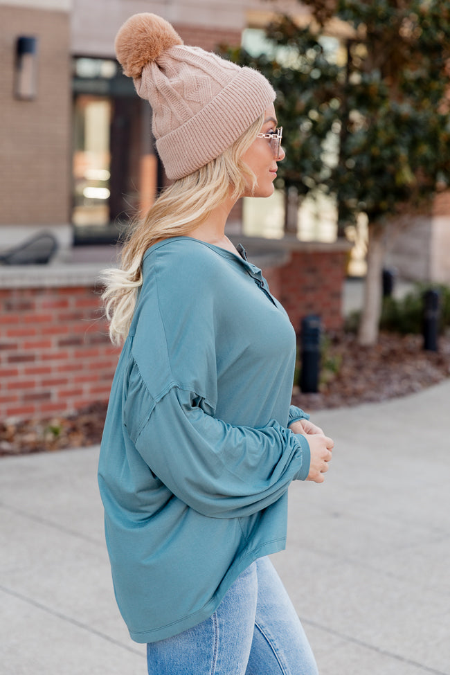 Carefree Days Teal Henley Knit Long Sleeve Top