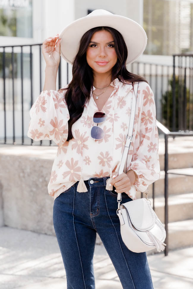 No Promises Beige Balloon Sleeve Floral Blouse
