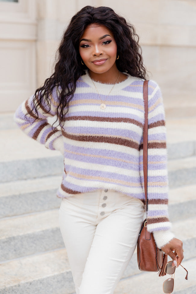 Trying Everything Purple And Brown Fuzzy Striped Sweater