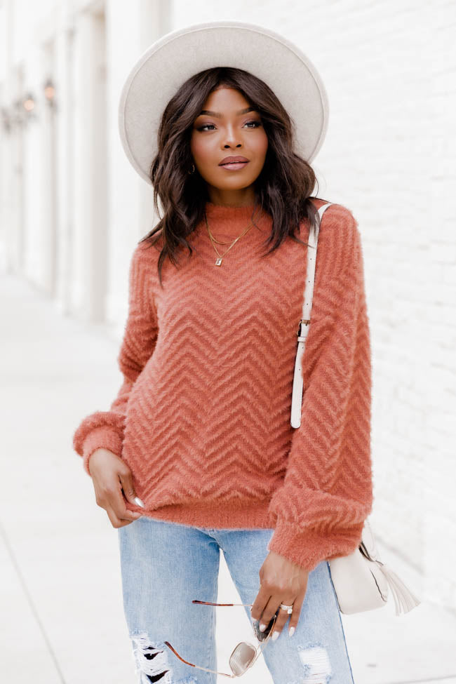 All That You Are Rust Fuzzy Herringbone Sweater – Pink Lily