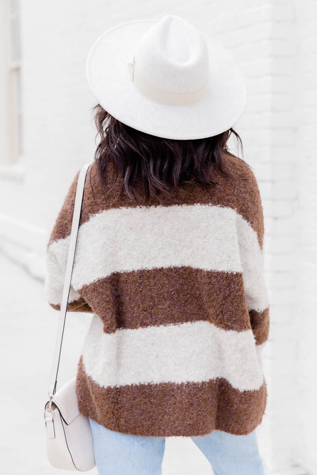 Up To You Brown Fuzzy Striped Turtleneck Sweater