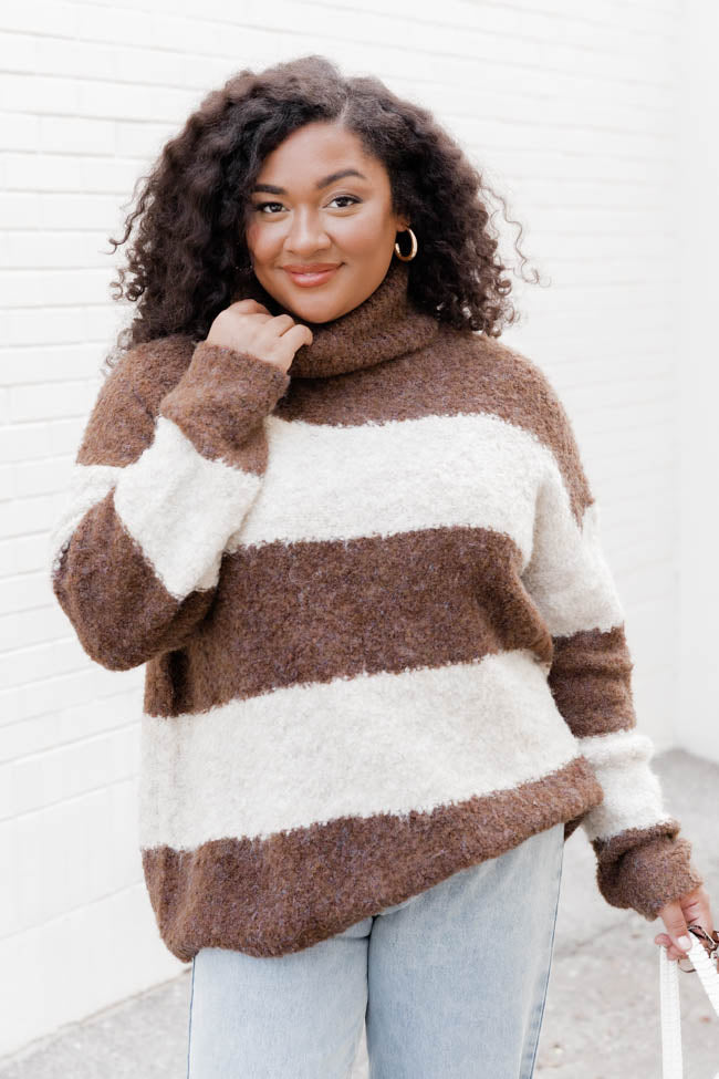 Up To You Brown Fuzzy Striped Turtleneck Sweater