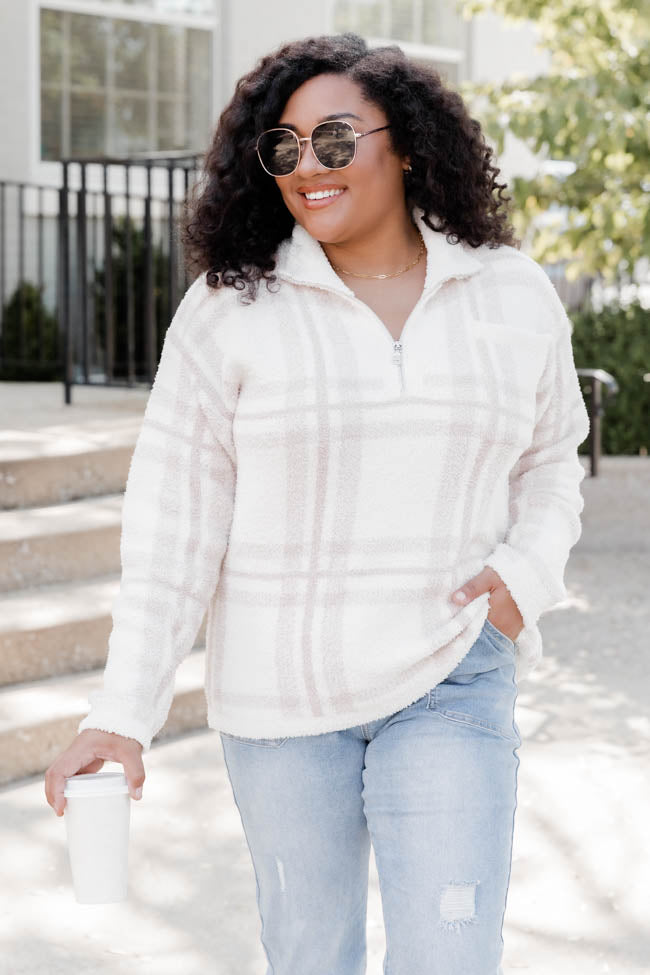 All In Love Oatmeal Fuzzy Plaid Quarter Zip Pullover