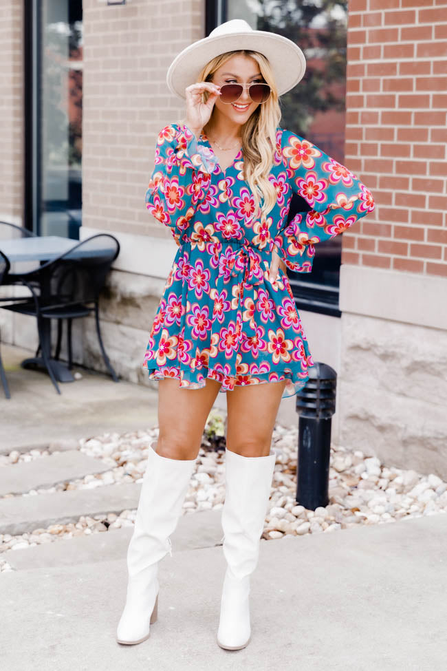 Feeling Excited Teal Retro Floral Print Long Sleeve Romper FINAL SALE –  Pink Lily
