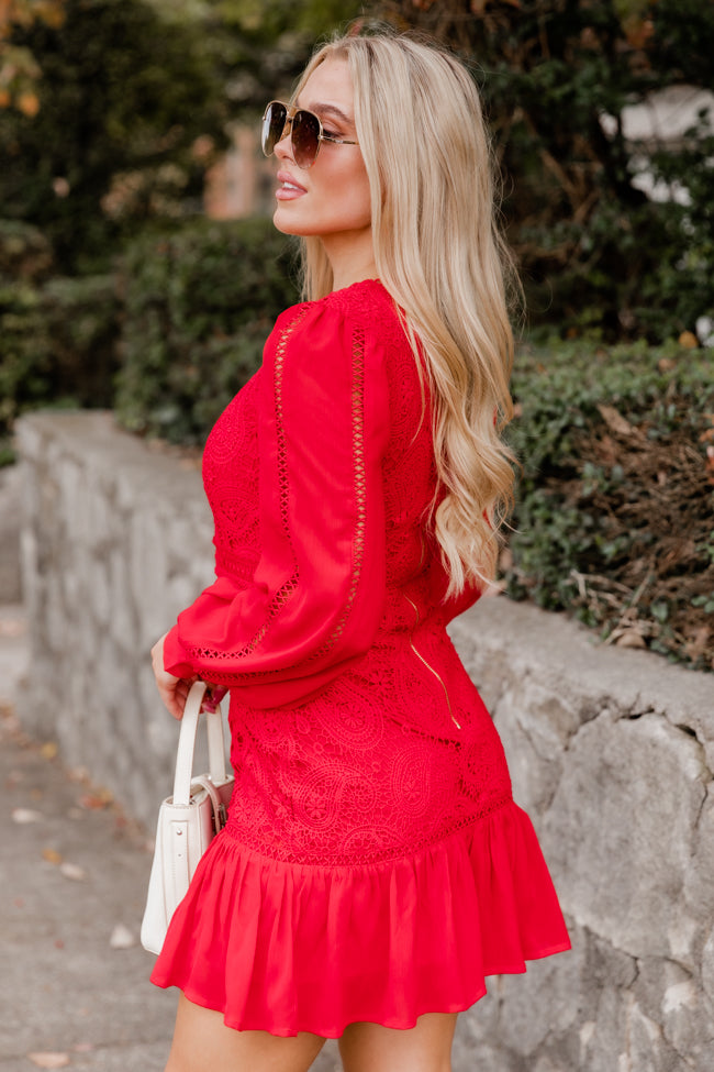 Never Going Away Red Long Sleeve Paisley Laced Mini Dress