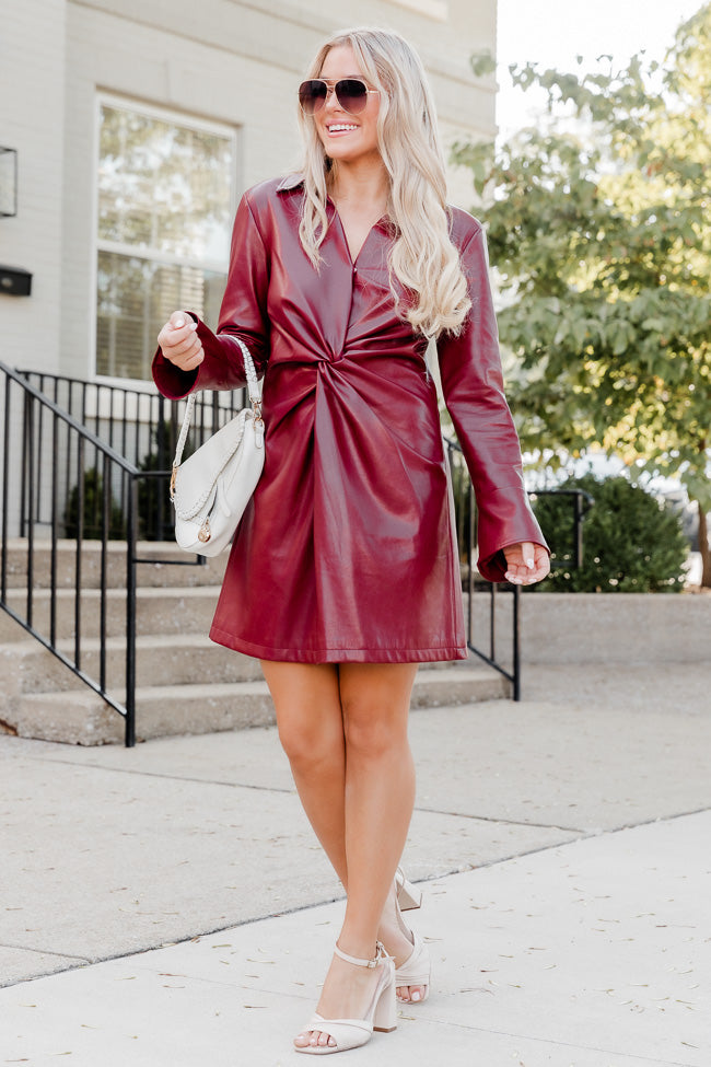 Time Of Your Life Burgundy Leather Twist Front Mini Dress FINAL SALE