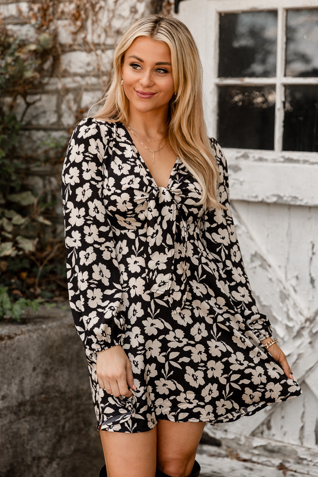 Black floral long sleeve wrap clearance dress