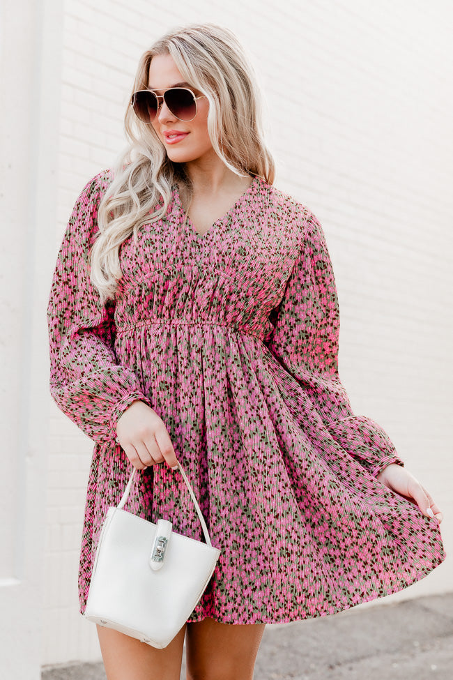 Always Ahead Pink Floral Textured V-Neck Long Sleeve Mini Dress