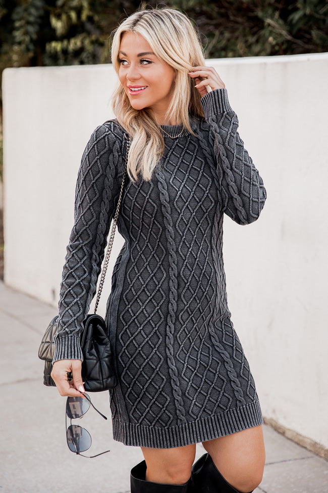 The Lucky One Black Acid Wash Cable Knit Sweater Dress