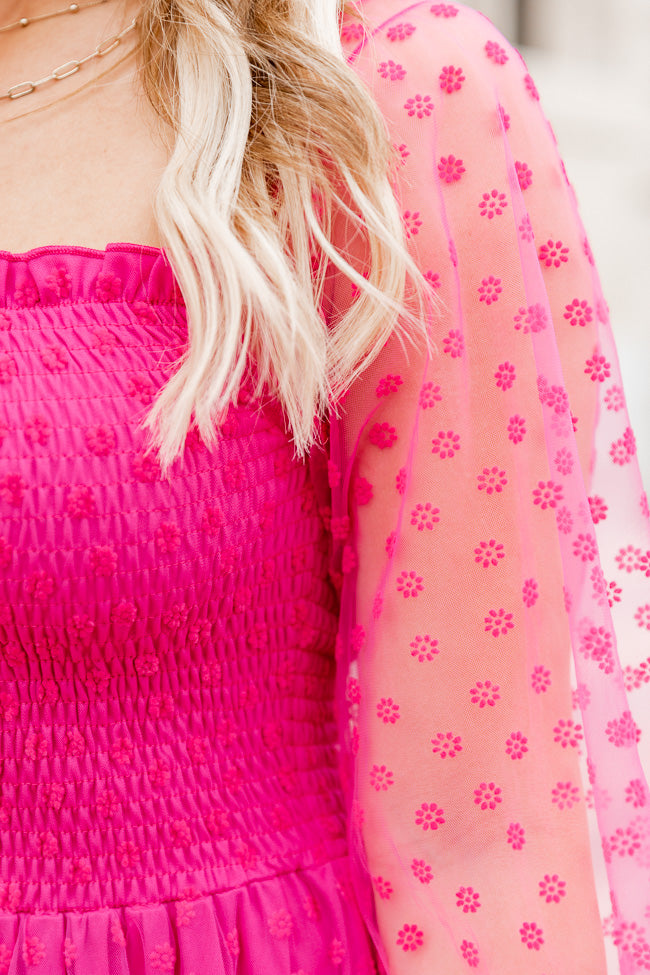 Figuring It Out Hot Pink Off The Shoulder Daisy Mesh Tiered Maxi Dress FINAL SALE