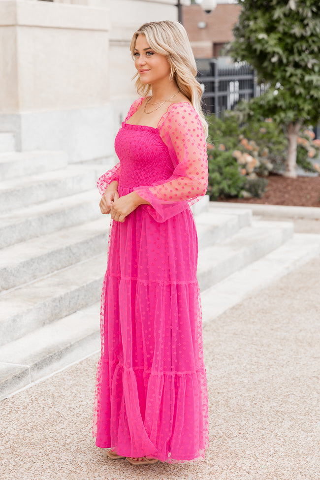 Figuring It Out Hot Pink Off The Shoulder Daisy Mesh Tiered Maxi Dress FINAL SALE