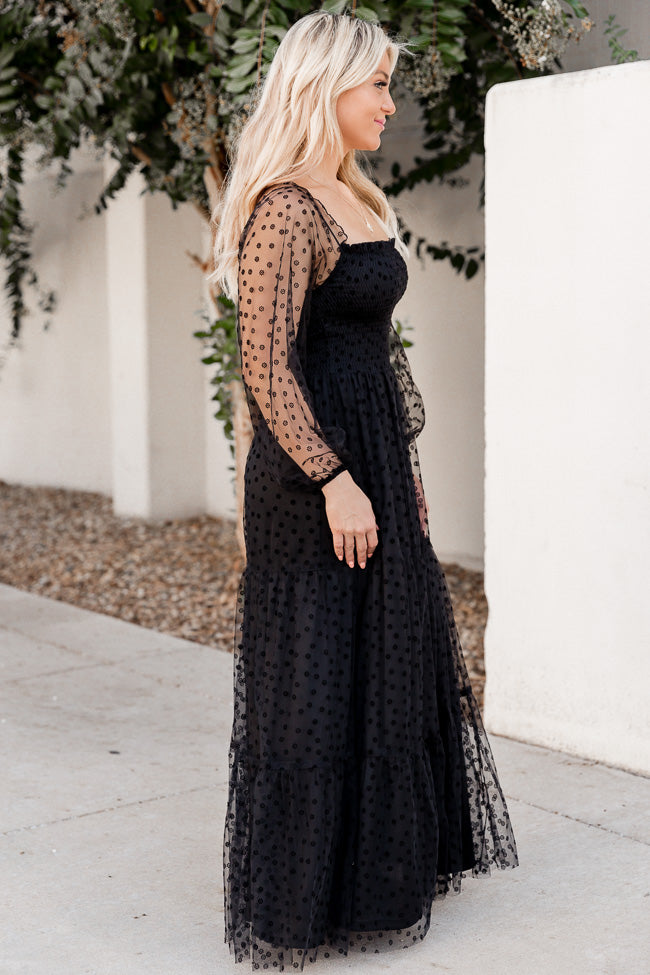 Figuring It Out Black Off The Shoulder Daisy Mesh Tiered Maxi Dress FINAL SALE