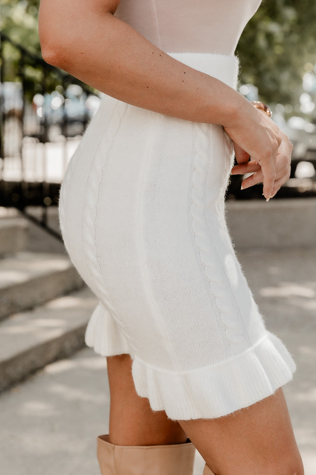 Glistening In The Snow White Cable Knit Ruffle Trim Skirt