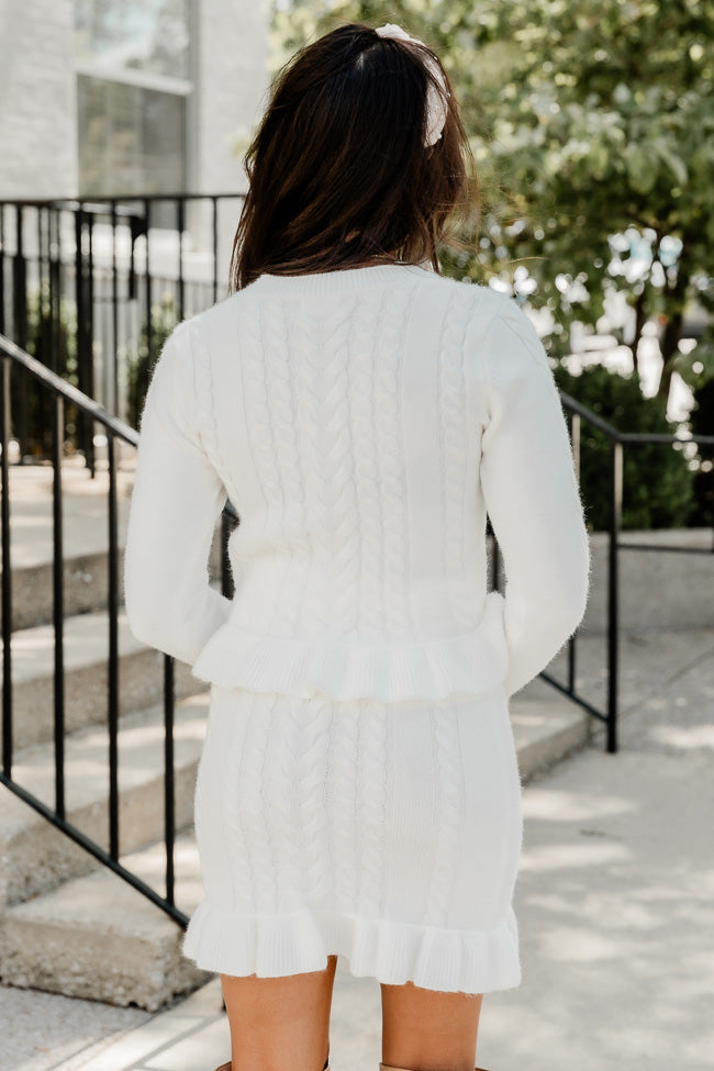 Glistening In The Snow White Cable Knit Ruffle Trim Cropped Sweater
