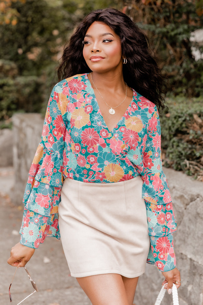 Learn Your Lesson Blue Multi Bell Sleeve Floral Bodysuit