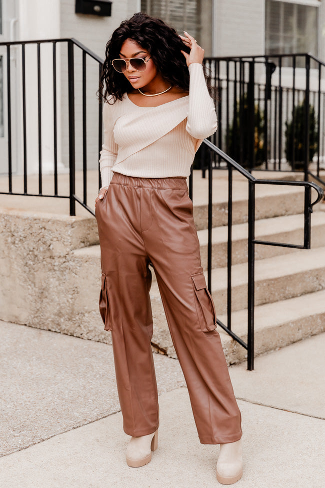 A Little While Longer Chocolate Faux Leather Cargo Pants FINAL