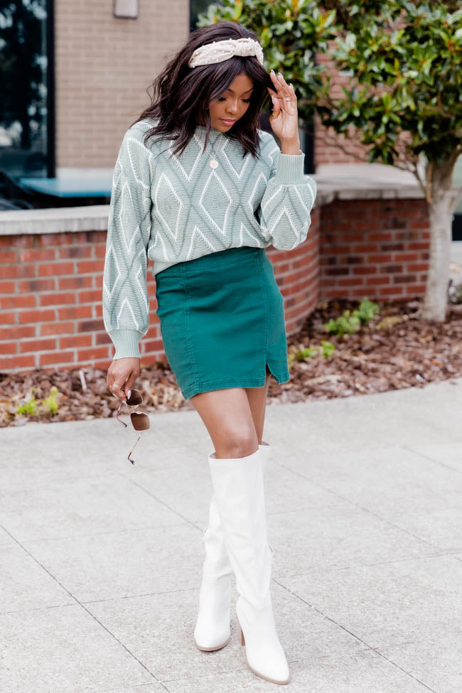 Green denim outlet skirt outfit