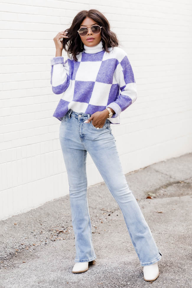 Give One Reason Purple Checkered Mock Neck Sweater