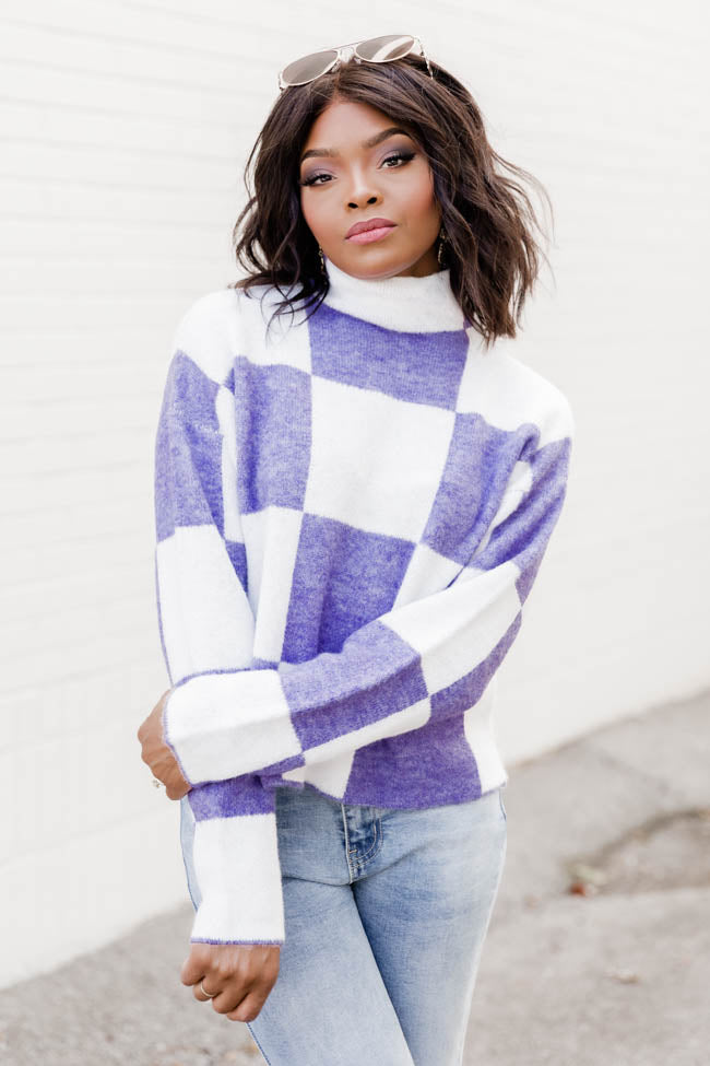 Give One Reason Purple Checkered Mock Neck Sweater