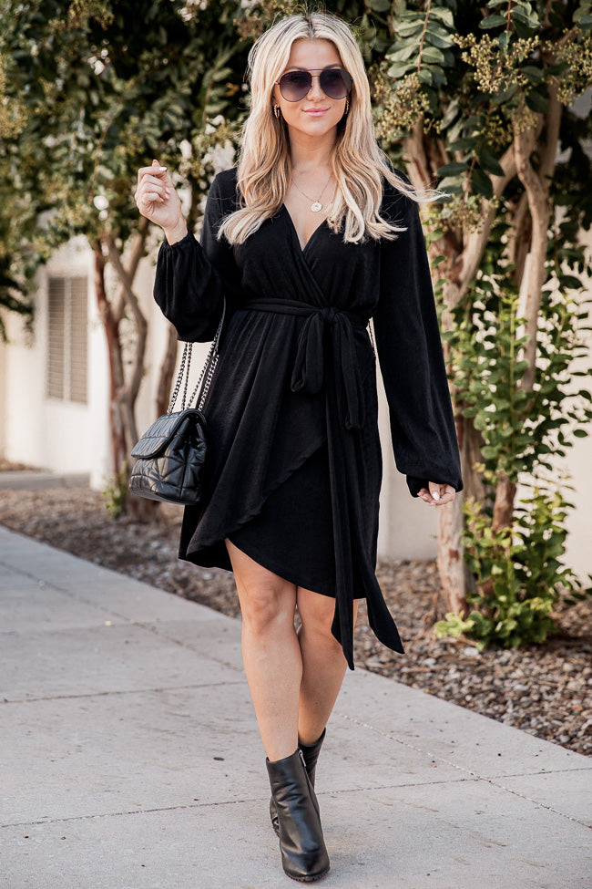 It's Your Move Black Collared Long Sleeve Belted Wrap Dress