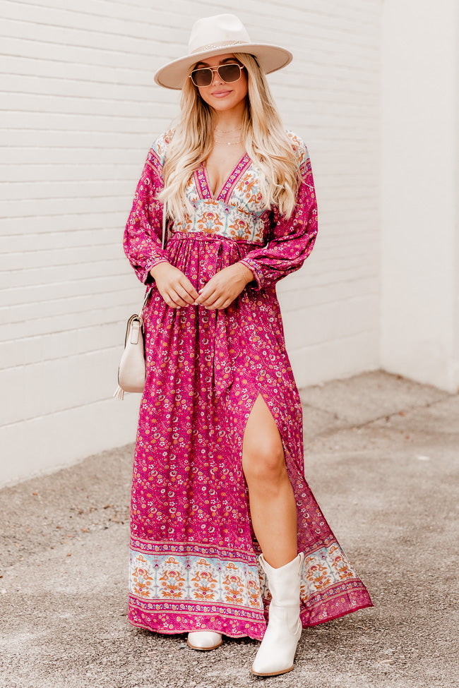 Call Me Magenta Floral Border Printed Belted Maxi Dress FINAL SALE