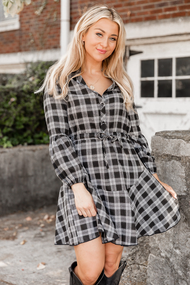 Black and White Plaid Long Sleeve Round Neck Belted Mini Dress for Mom and Me