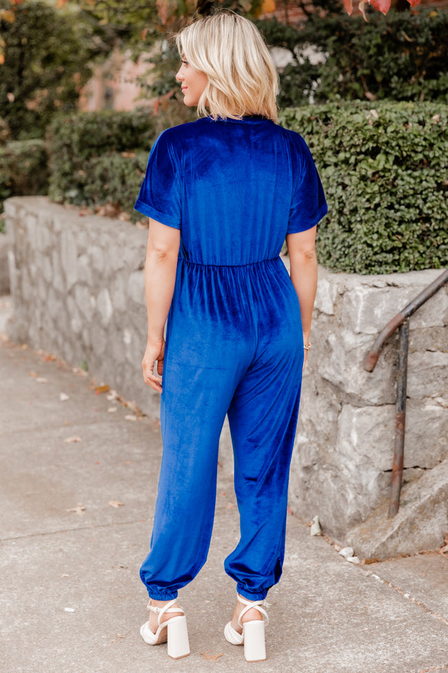 On Your Own Time Blue Velvet Short Sleeve Jumpsuit FINAL SALE – Pink Lily