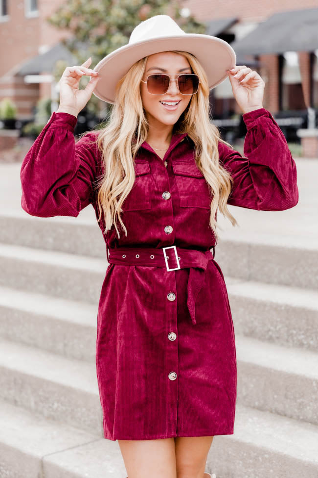 No Expectations Wine Corded Long Sleeve Belted Mini Dress