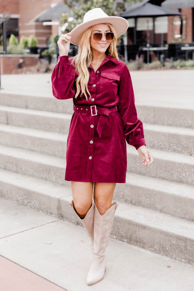 No Expectations Wine Corded Long Sleeve Belted Mini Dress