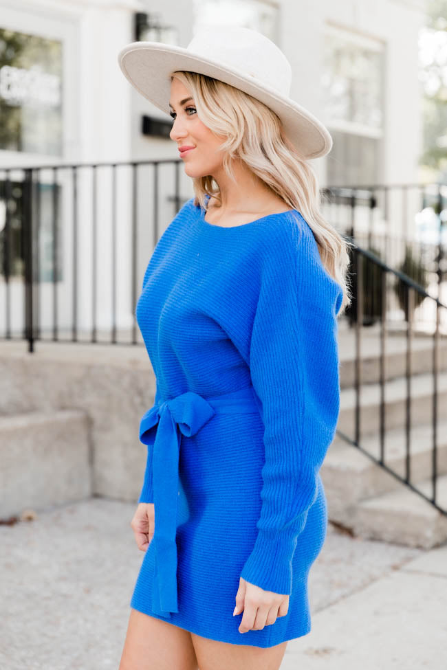 Been Awhile Blue Belted Long Sleeve Sweater Dress