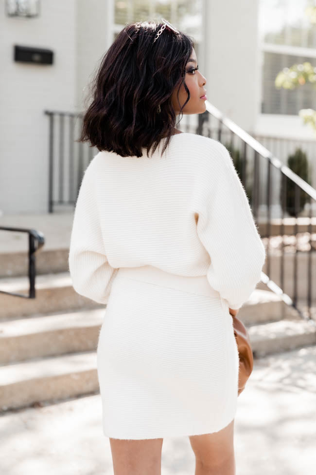 Been Awhile Cream Belted Long Sleeve Sweater Dress