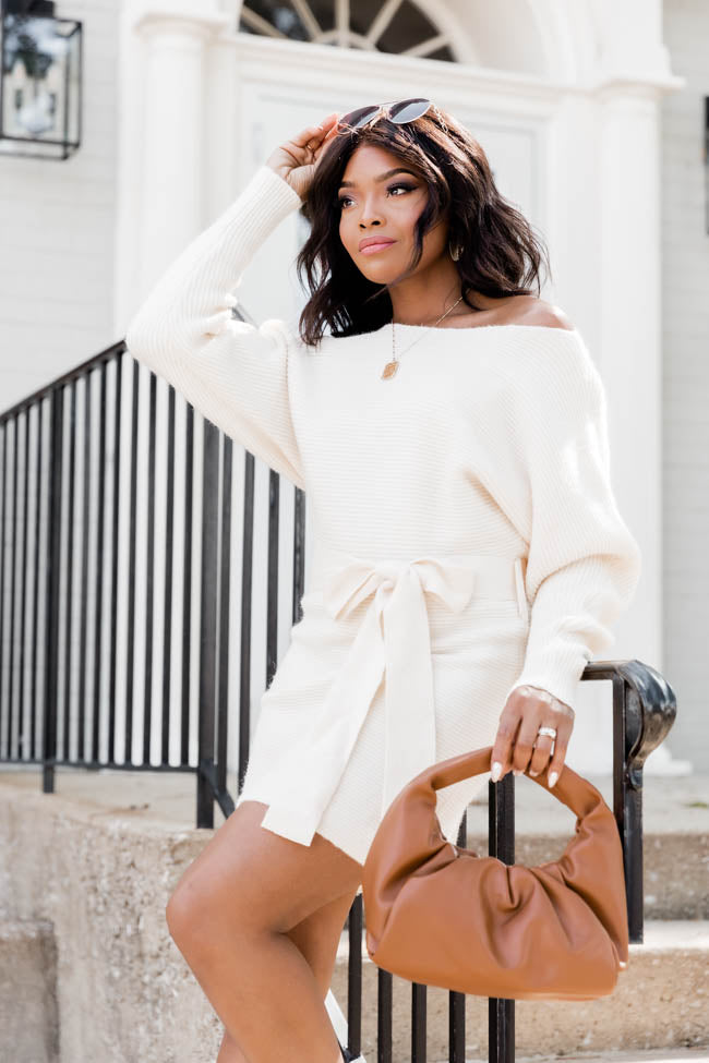 Been Awhile Cream Belted Long Sleeve Sweater Dress