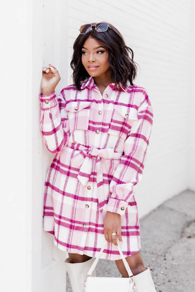 Believe In My Heart Pink Plaid Belted Button Up Mini Dress