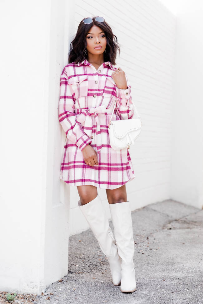 Believe In My Heart Pink Plaid Belted Button Up Mini Dress FINAL