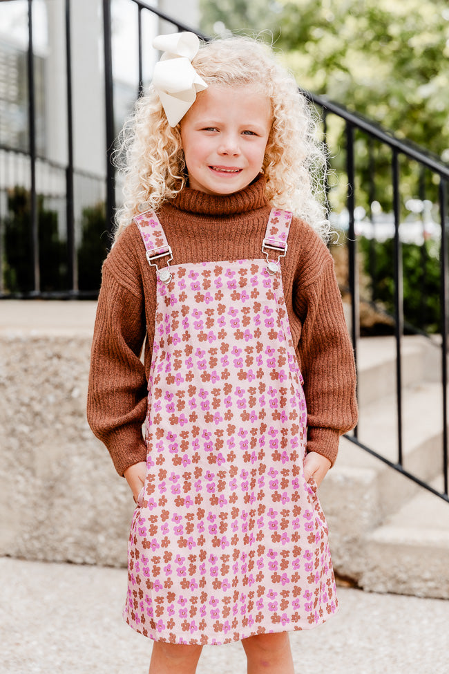 Kid's Keep On Wishing Pink Corded Multi Daisy Printed Overall Dress