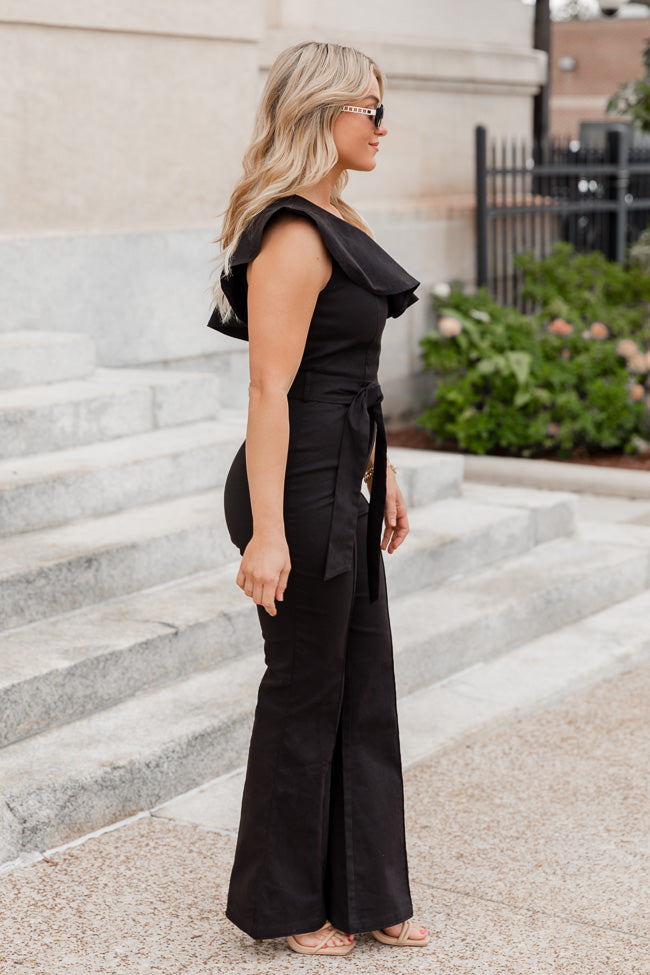 Black belted one shoulder hot sale jumpsuit