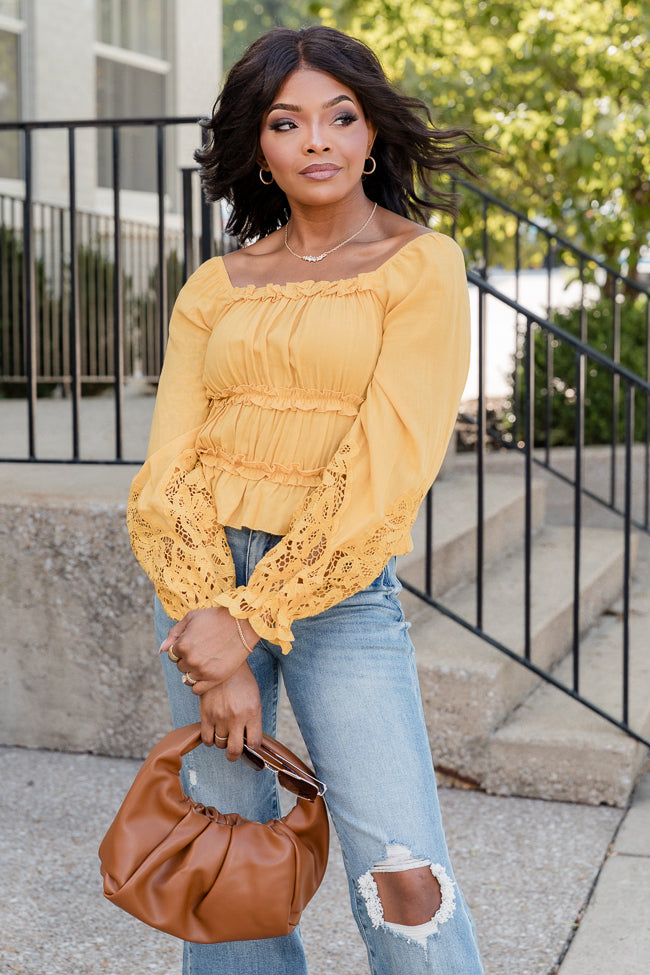Out Of Your League Mustard Lace Sleeve Detail Blouse FINAL SALE