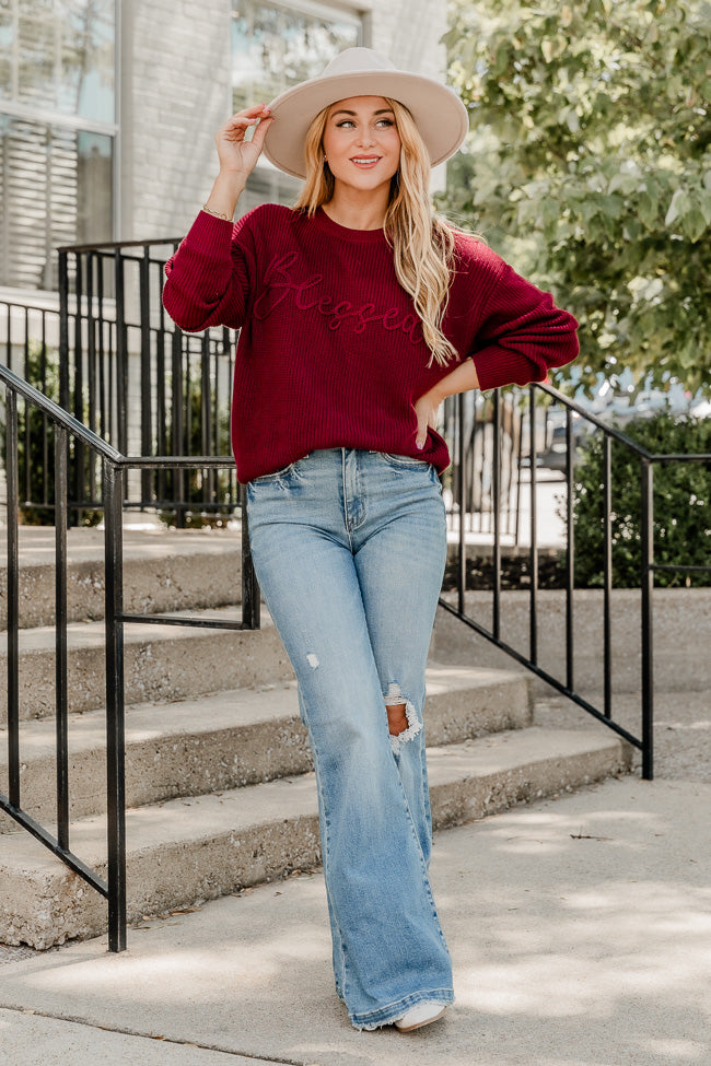 Blessed Burgundy Embroidered Sweater