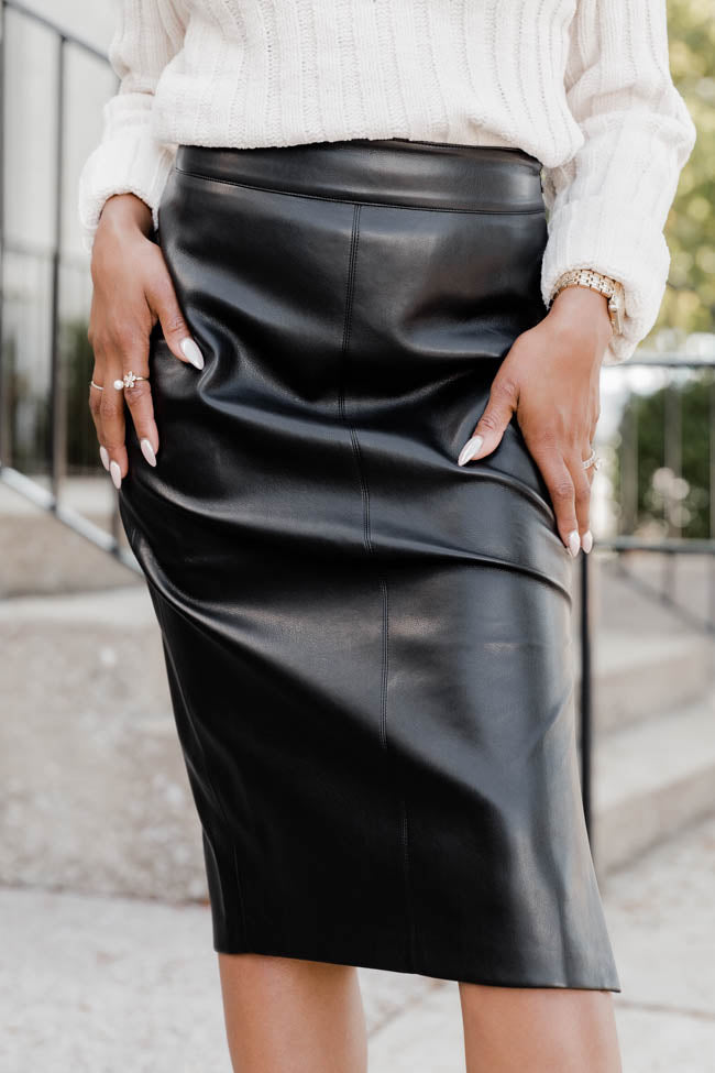 Black Synthetic Leather Midi Skirt