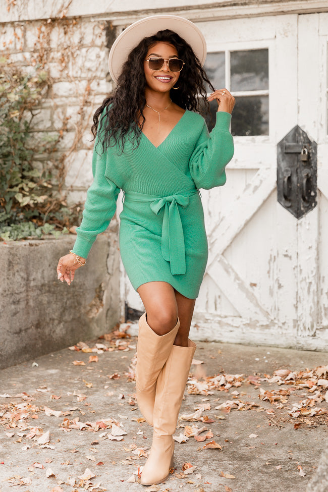 Talk of The Town Green Belted Sweater Dress