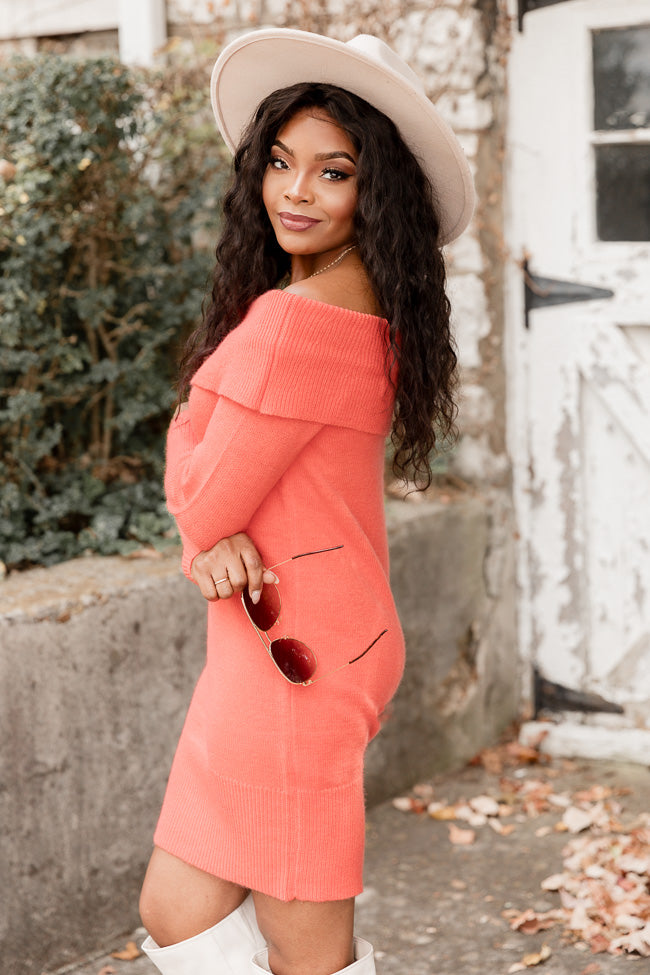 Too Busy Coral Off The Shoulder Sweater Dress FINAL SALE