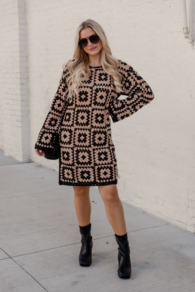 Build Courage Black and Tan Crochet Long Sleeve Lined Mini Dress