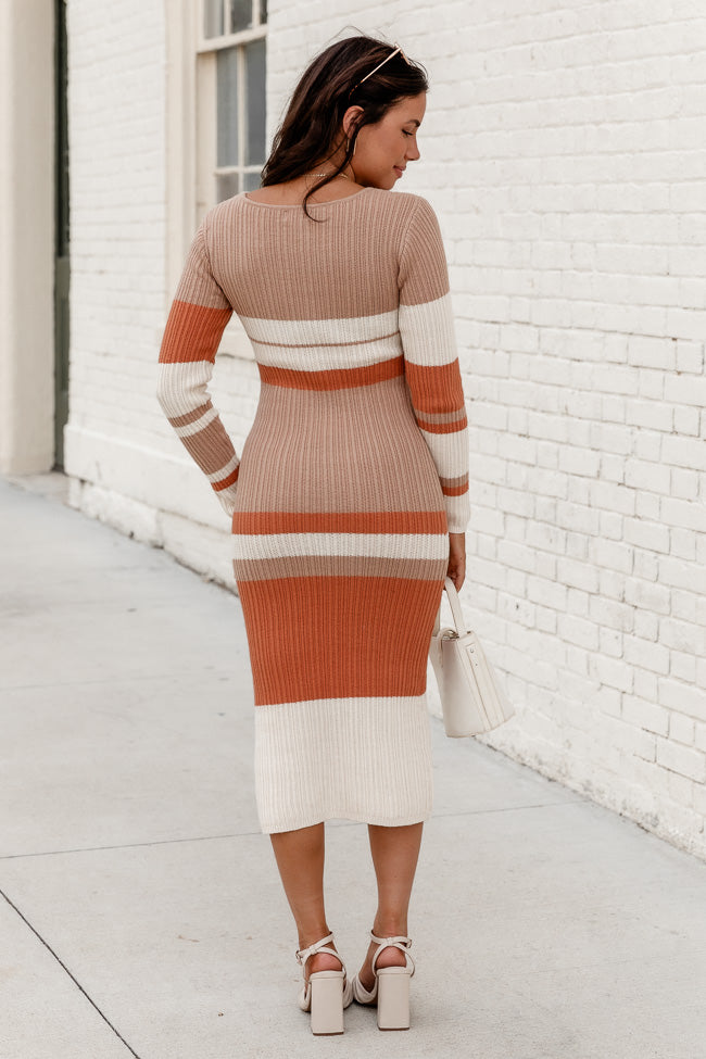 Let's Go Out Tan Stripe Sweater Dress