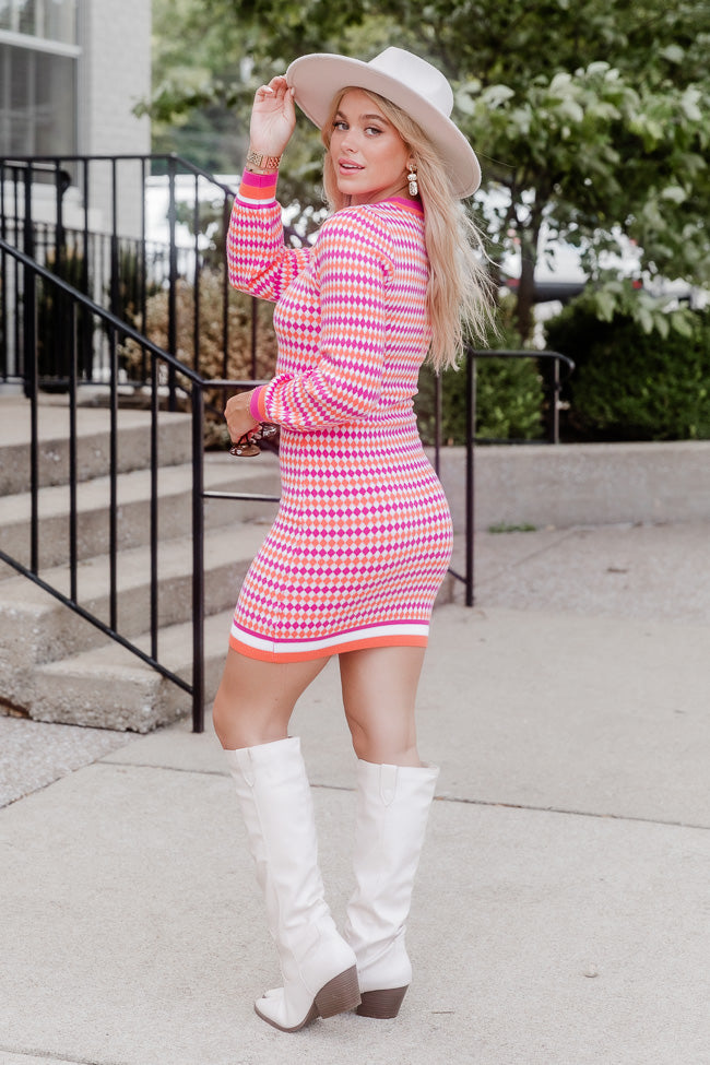Just Watch Me Pink and Orange Argyle Printed Sweater Mini Dress