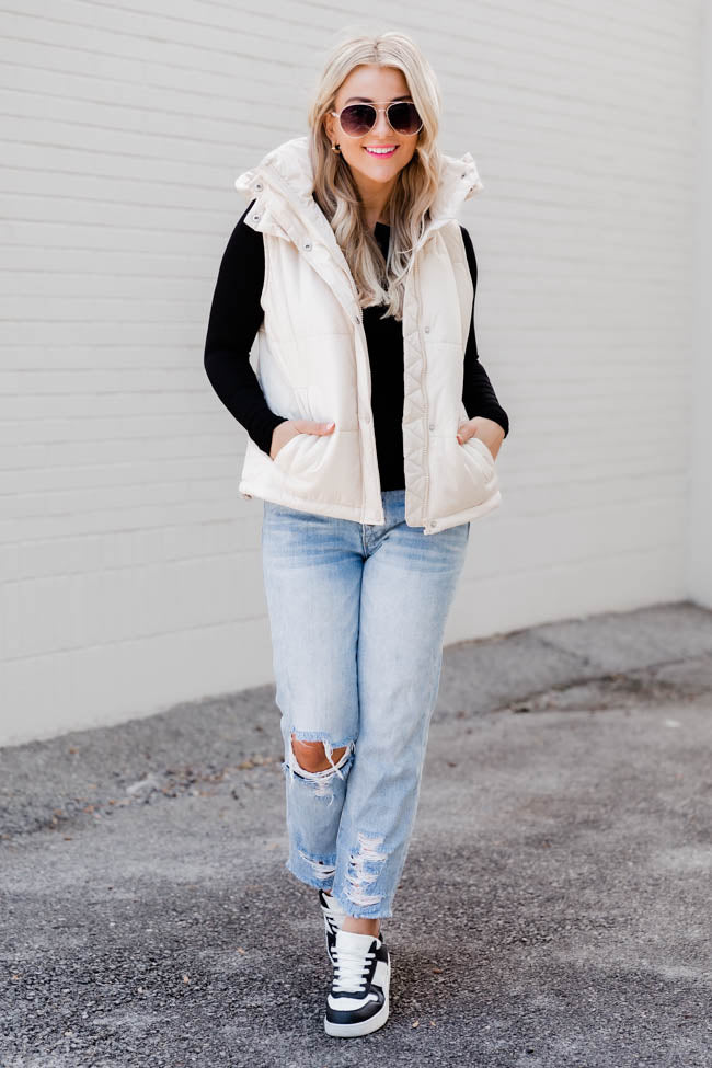 White puffer vest with on sale hood