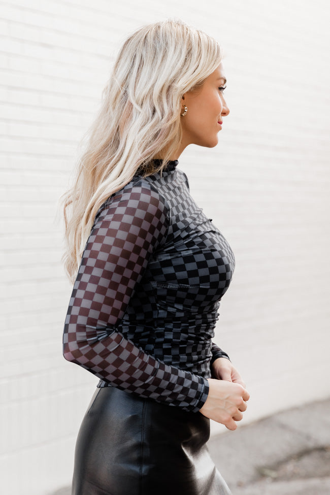 Holding Out Hope Black Mock Neck Checkered Mesh Blouse